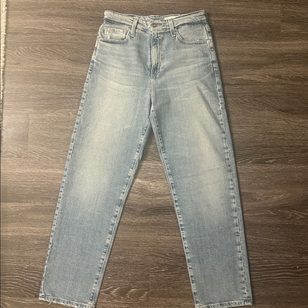 AG “Rian” High-Rise Straight Jeans in light blue denim wash